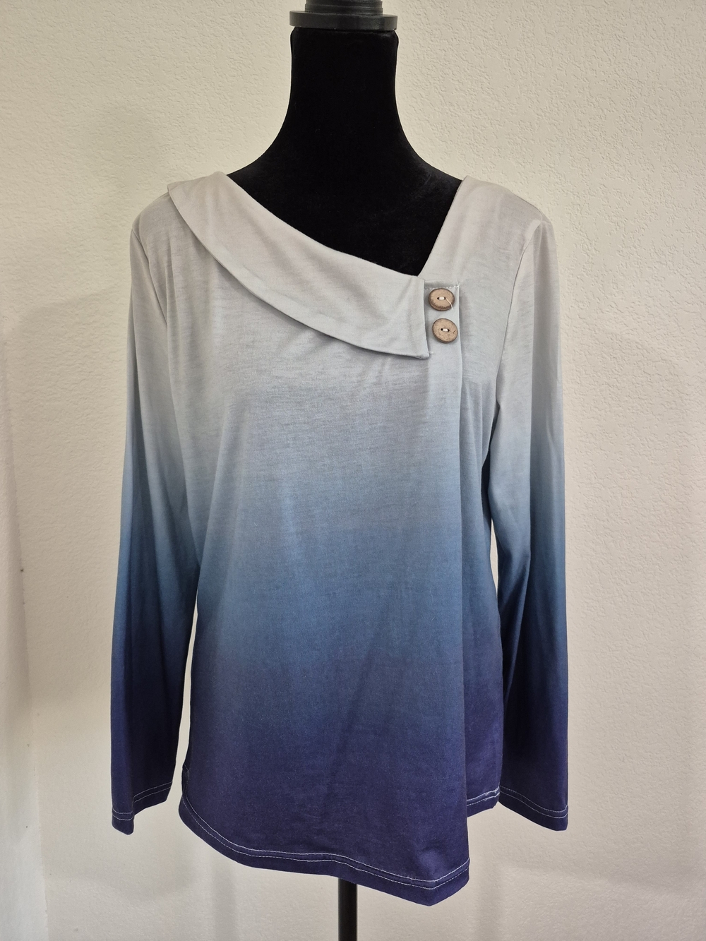 Women's Ombre Long-Sleeve Button Cowl Neck Top - Blue